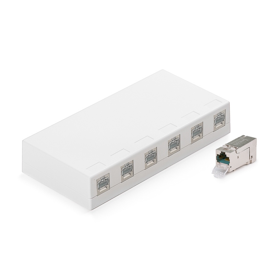 Zásuvkový box, Category 6A, 6xRJ45/s, povrchový, osadený s KEJ-C6A-S-HD