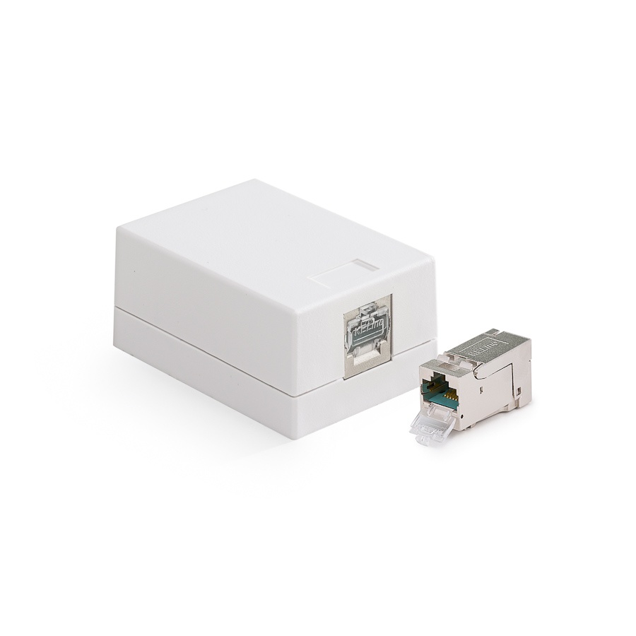 Zásuvkový box, Category 6A, 1xRJ45/s, povrchový, osadený s KEJ-C6A-S-HD
